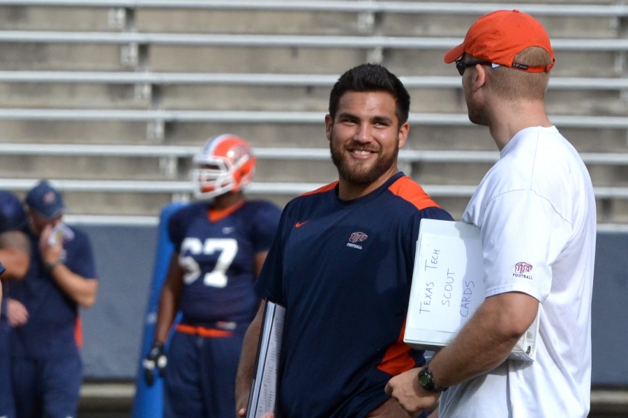 Graduate+assistant+Anthony+Puente+is+in+his+first+year+as+a+graduate+assistant+for+UTEP.+Puente+was+a+linebacker+for+the+Miners+from+2011+to+2014.+