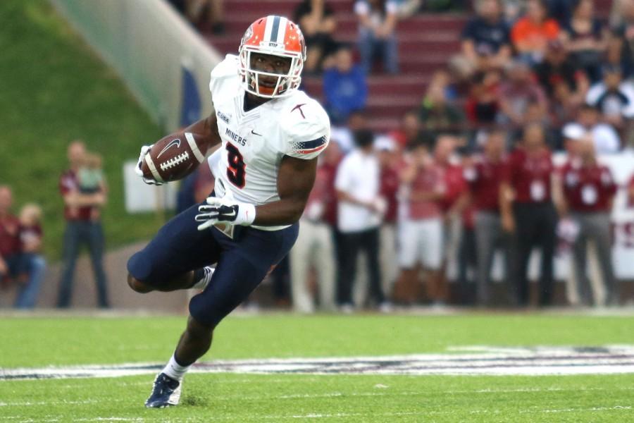 Junior wide receiver Jaquan White runs down the field in UTEP’s new uniforms.