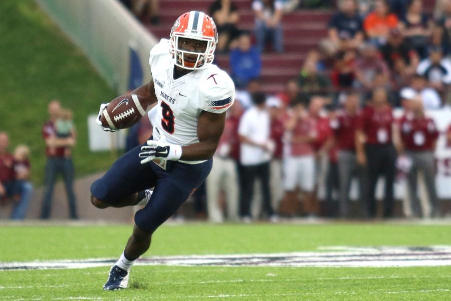 Junior wide receiver Jaquan White runs down the field in UTEP’s new uniforms. 