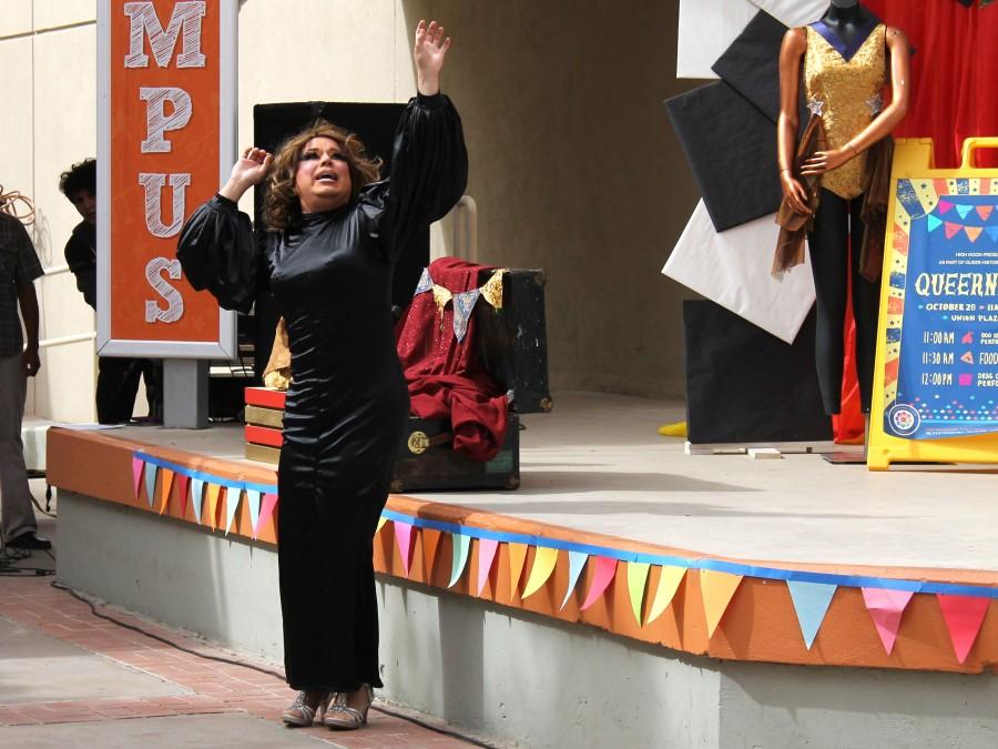 A local drag queen lip-synced to a disco medley during Queernival on Oct. 28 at the Union breezeway.  