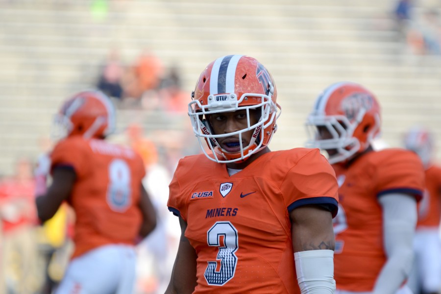 UTEP defensive back Traun Roberson observes the crowd before the game begins.