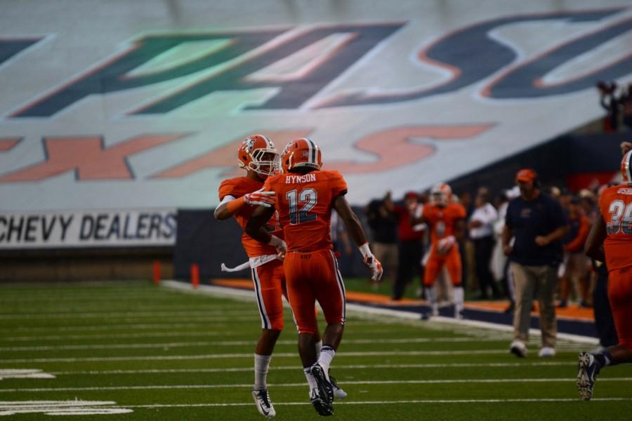 UTEP players celebrate after they sack the opposing quarterback. 