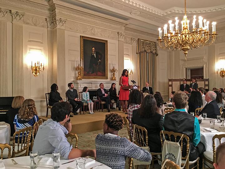 Michelle Obama welcomes performing arts students to the White House State Dining Room on Monday as a part of “Broadway at the White House.