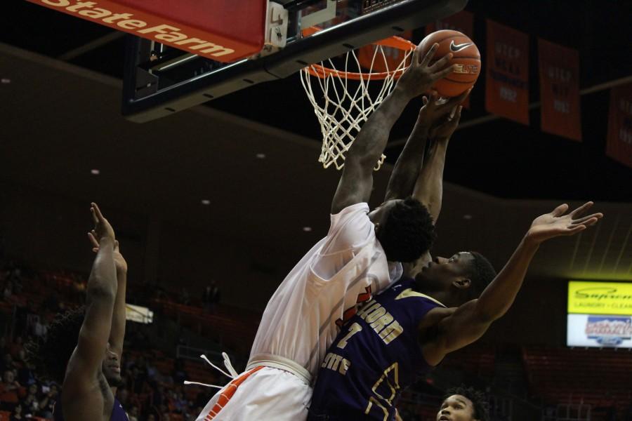 A UTEP player tries to get some points vs Alcorn. 