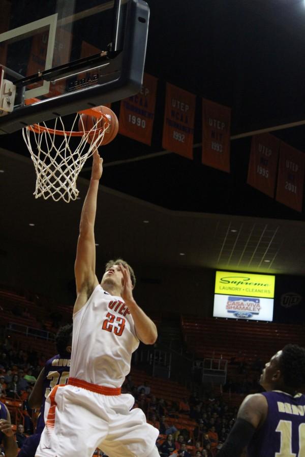 UTEP Center Hooper Vint jumps for a layup. 