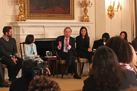 Andrew Lloyd Webber talks to the students about his career after playing a impromptu medley on the State Dining Room piano. 