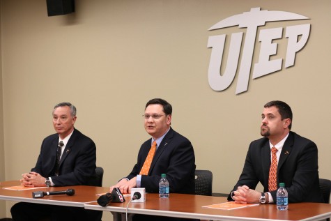 (From left to right) Chief of UTEP Police Department Cliff Walsh, Vice President of Student Affairs Gary Edens, and Faculty Senate President and Associate Professor in Biology Mark Cox answer questions from the media. 