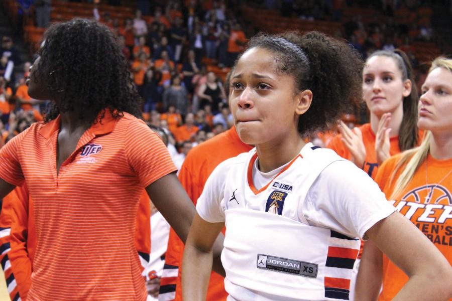 Senior guard Cameasha Turner tears up after the Miners fell to the Oregon Ducks, 71-67 in the elite eight of the Women’s NIT.