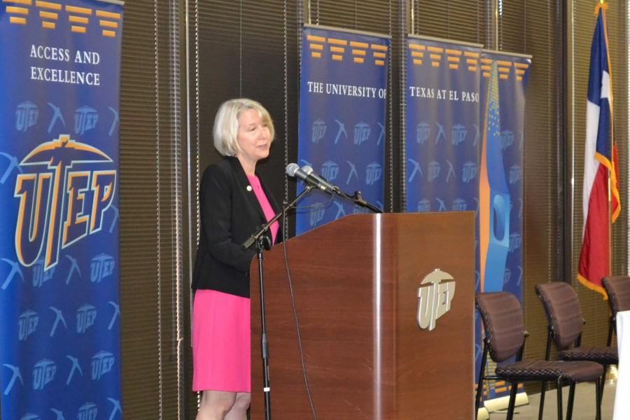 Peace Corps Director Carrie Hessler-Radelet addresses the crowd at the Tomas Rivera Conference Center on  April 13. 