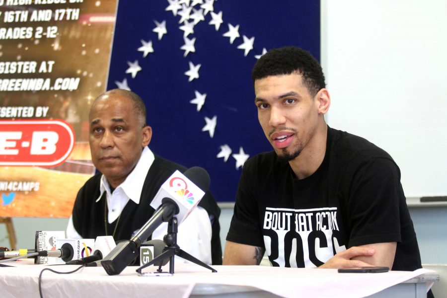 San Antonio Spurs player Danny Green speaks to the media about his upcoming basketball camp at the Don Haskins Recreational Center. 