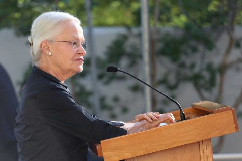 President Dr. Diana S. Natalicio gives a speech at her home in the Hoover House on May 20th.
