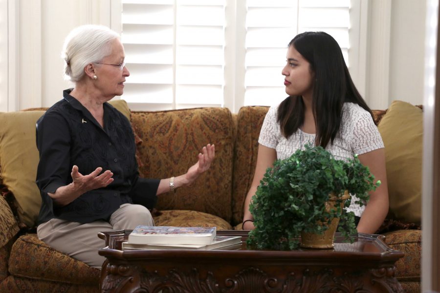 President Dr. Diana S. Natalicio is interviewed by Sophomore Grecia Sanchez at the Hoover House on May 20th.