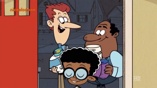 Scene from The Loud House that features an interracial married gay couple. 