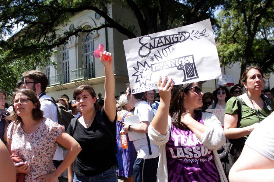 Students at the University of Texas at Austin gather to protest the campus carry law that went into effect August 1,  in a movement they call Cocks not Glocks.