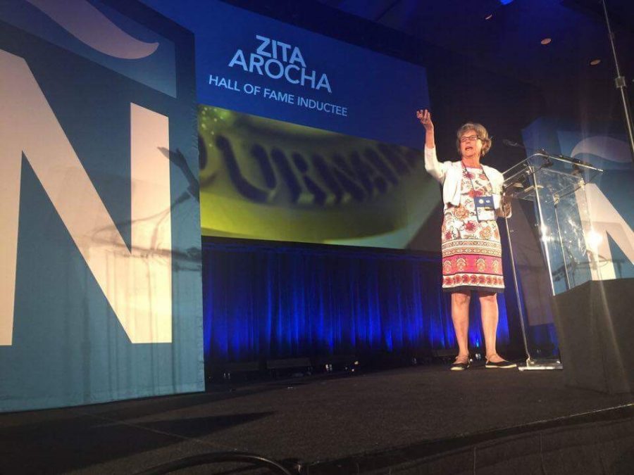 Zita Arocha on stage at the 2016 NAB/NAHJ national convention as she is inducted into their Hall of Fame.