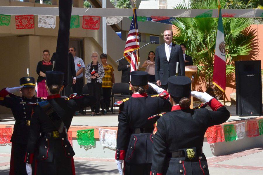 Marcos Bucio looks into the crowd as Banda de Guerra y Escolta from the Instituto Tecnologico de Ciudad Juarez preform.