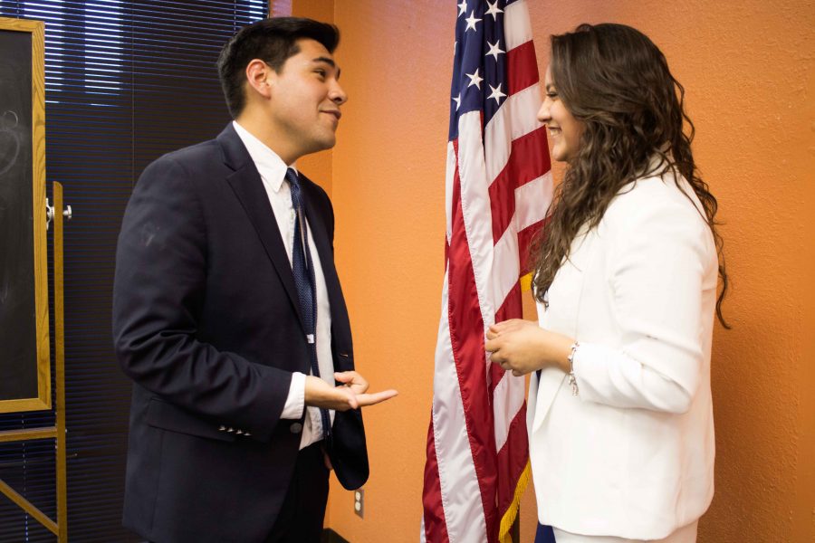 UTEP College Republicans president, senior political science major, Justin Cruz and vice-president Mariana Prieto talk in the Student Government Association office. 