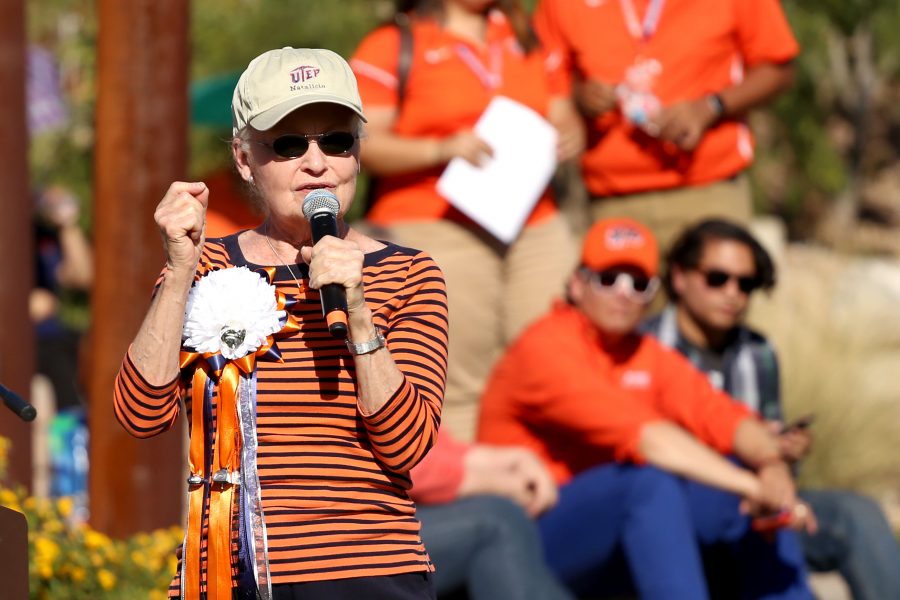 President Natalicio speaks at the pep rally at Centanial Plaza. 