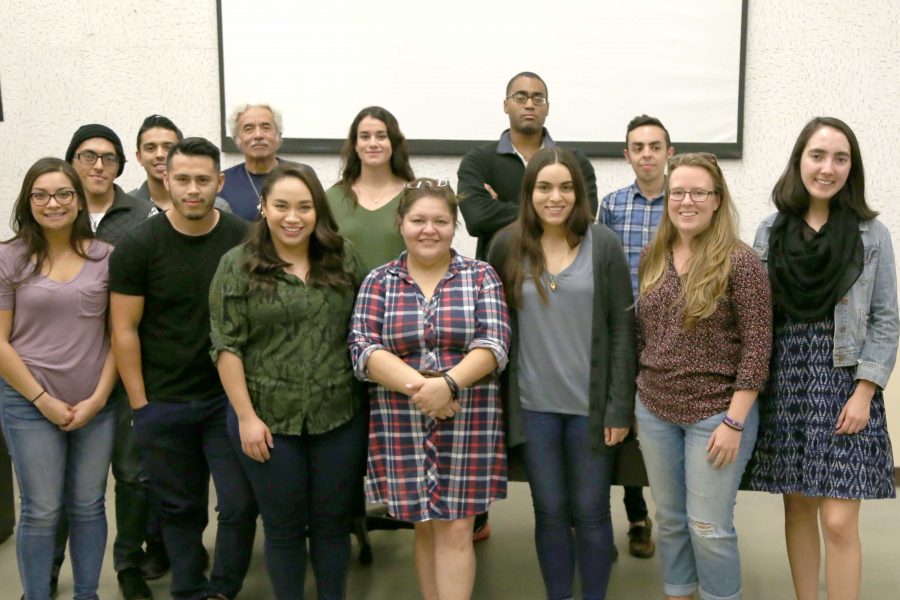 Sandra Salas (center) poses with students from the UTEP Advertising Federation last Thursday after giving a speech on her personal journey. 