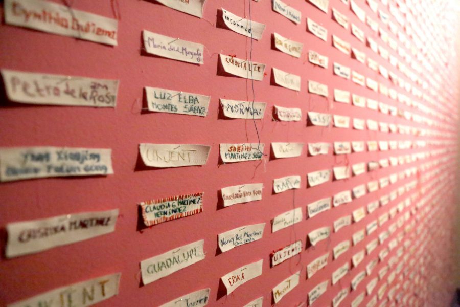 Artist Lise Bjorne Linnert collaborates with others to stitch name tags of women who were murdered in Cd. Juárez.