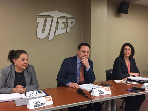 (From left) Elena Izquierdo, associate professor of education, Gary Edens, vice president of student affairs, and Catherine McCorry-Andalis, dean of students, announce the results of the UT Systems study, Cultivating Learning and Safe Environments, on Friday, March 24.