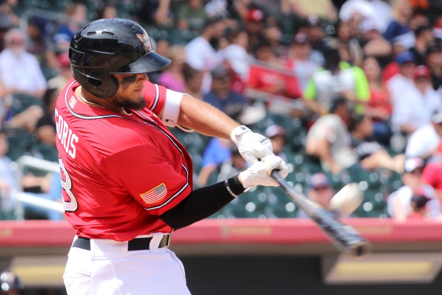 El Paso Chihuahuas second baseman Diego Goris swings at a pitch against the Las Vegas 51s at South West University Park.