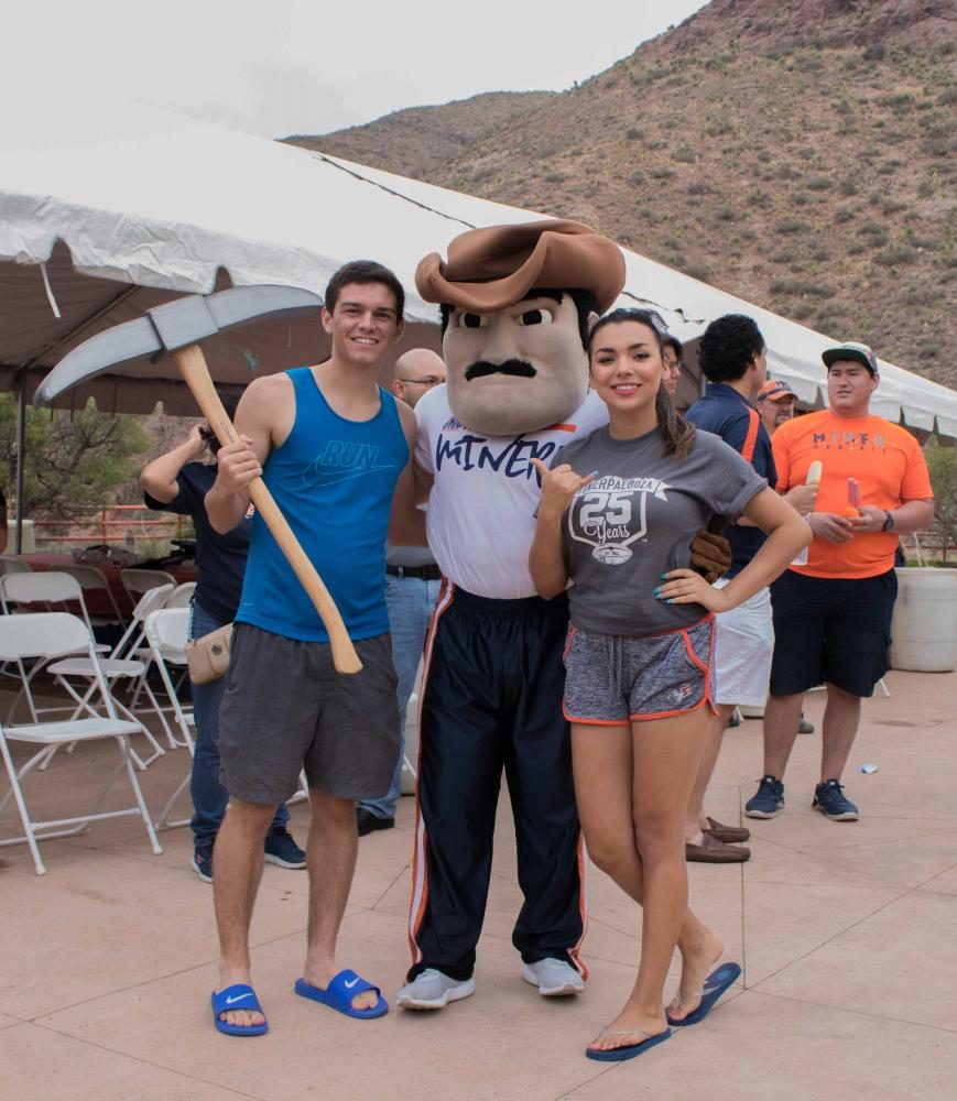 UTEP SGA executive assistant Ryan Saenz, Paydirt Pete, and SGA president Kristen Ahumada