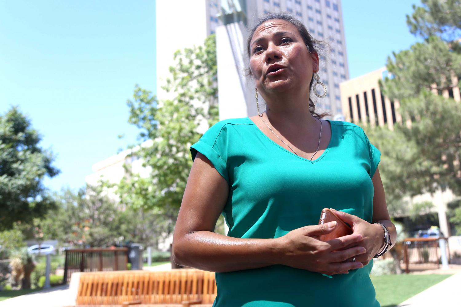 Veronica Escobar speaks at San Jacinto in support of transgender rights.