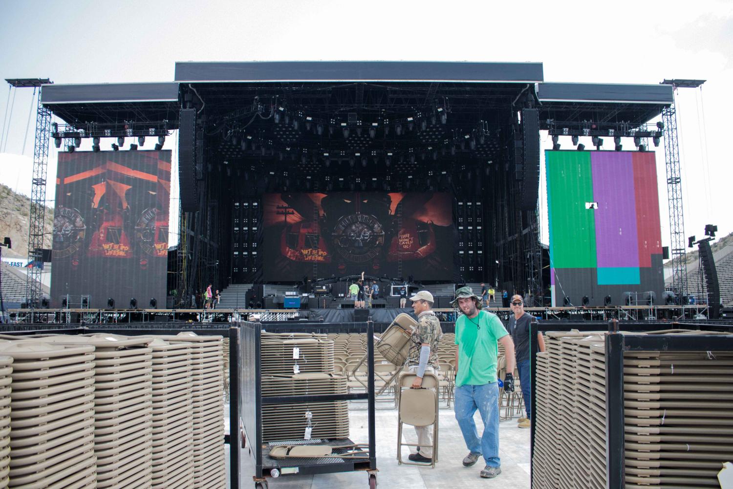 The crew set up at the UTEP Sun Bowl for Guns N Roses: Not In This Lifetime Tour.