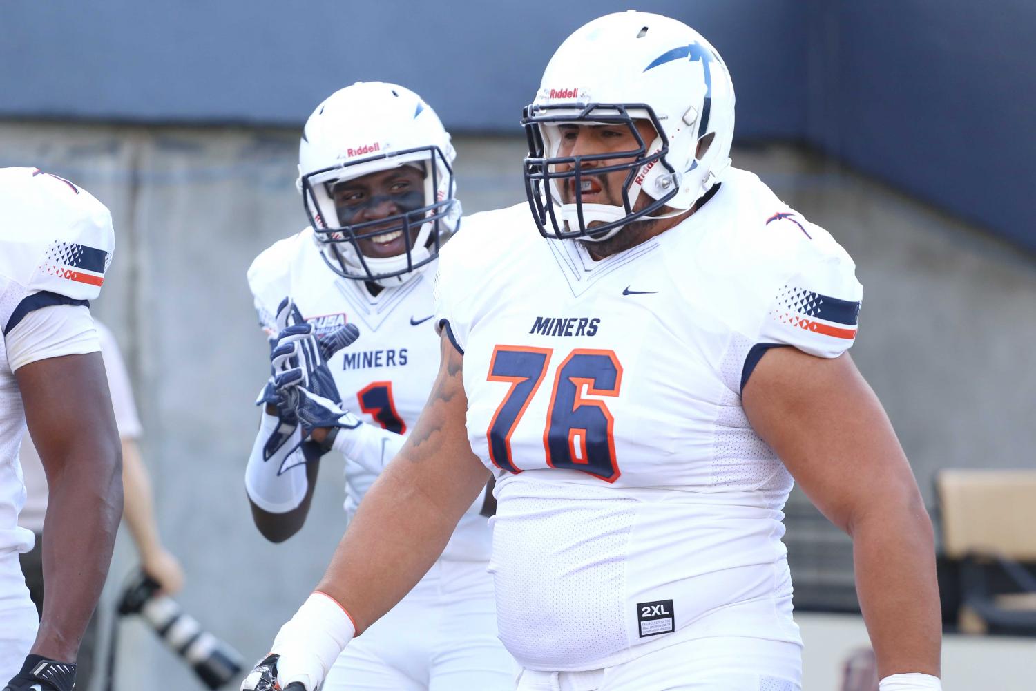 UTEP offensive guard Will Hernandez walks off the field after a drive against Rice on September 9, 2017 at the Sun Bowl.