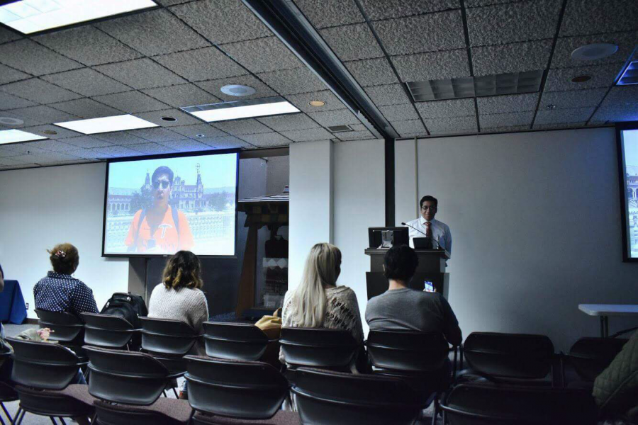 Hector Enriquez, a Spanish professor at UTEP, and Guillermina Gina Nunez-Mchiri, a sociology and anthropology professor, gave students who they took to Seville, Spain the spotlight, to speak about their video projects and overall experience traveling abroad.