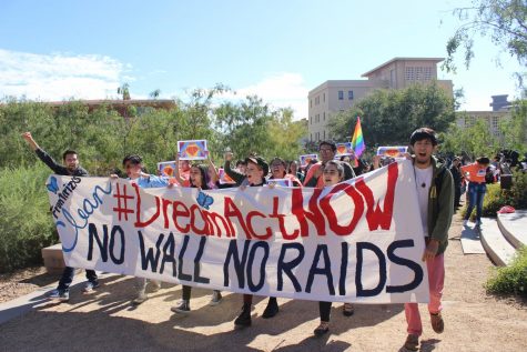 After students and supporters gathered, they marched around Centennial Plaza. 