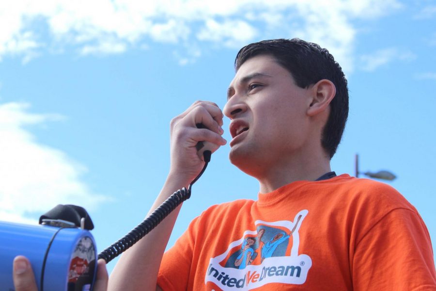 DACA recipient Noe Labardo, a senior physics major, speaks at a student walkout at Centennial Plaza on Nov. 9, 2017.