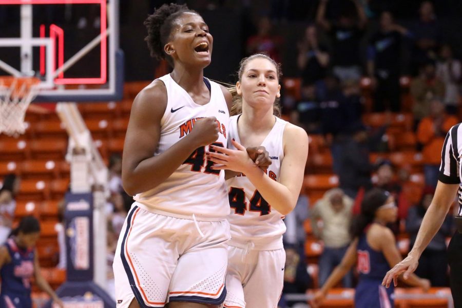 Senior forward Tamara Seda and sophomore guard Katarina Zec celebrate their win against the FAU Owls.