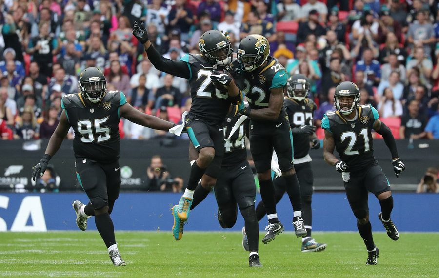 LONDON, ENGLAND - SEPTEMBER 24, 2017: Jalen Ramsey, defensive back for Jacksonville Jaguars celebrates catching an interception during the NFL match between The Jacksonville Jaguars and The Baltimore Ravens.