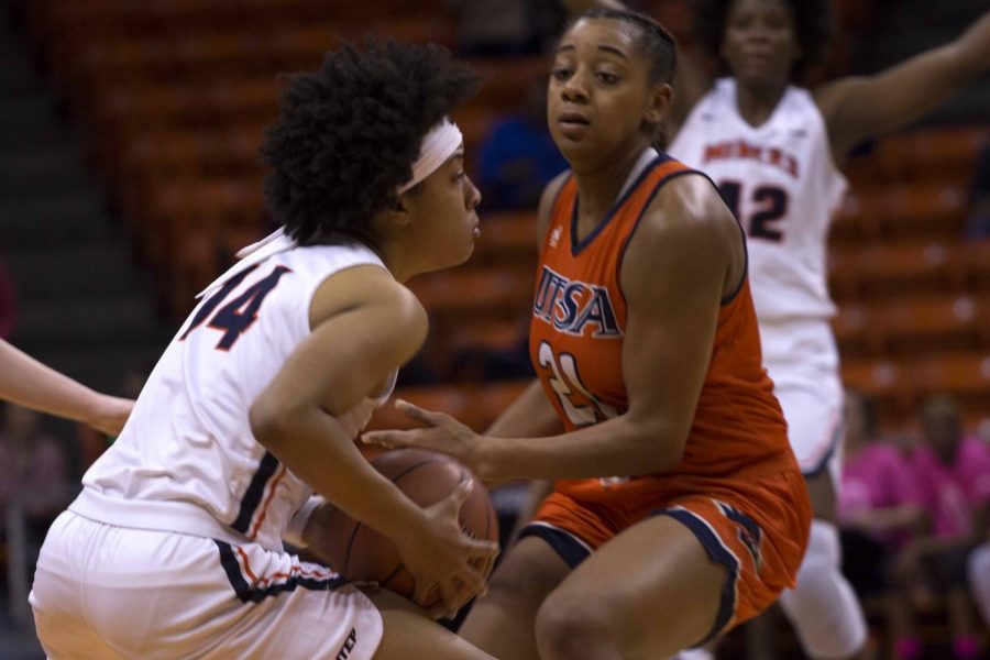 Najala Howell attempts to pass the ball to a teammate before a 58-55 loss to UTSA on Friday night at the Don Haskins Center.