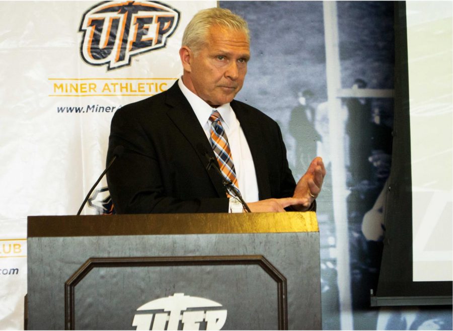 UTEP+head+football+coach+Dana+Dimel+addresses+the+media+and+attendees+of+UTEPs+2018+Signing+Day+Luncheon.