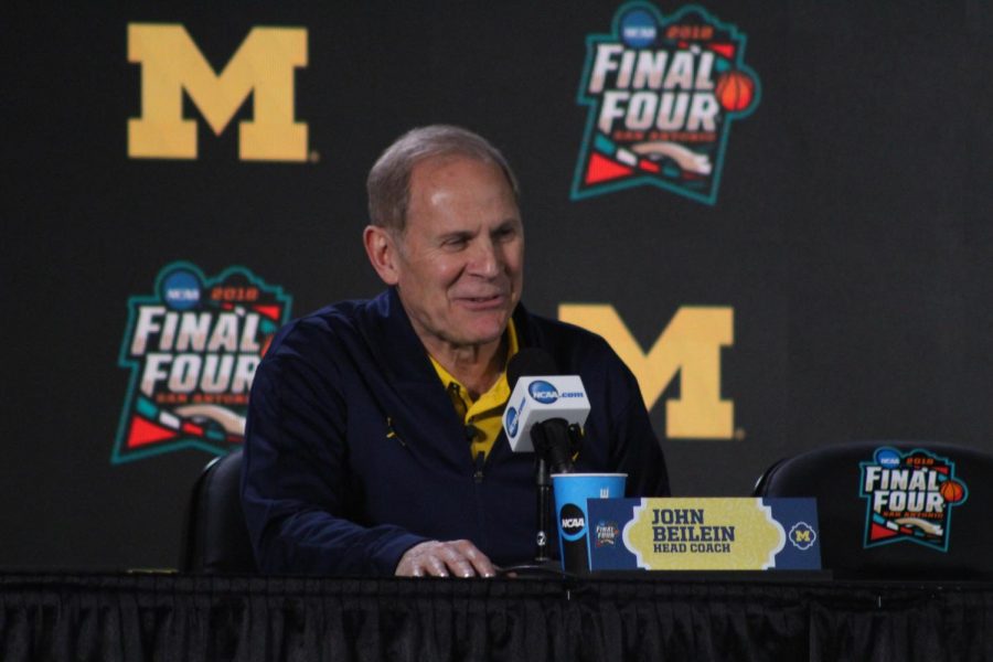 Michigan+head+coach+John+Beilein+speaks+to+the+media++during+a+press+conference+at+the+Final+Four+in+San+Antonio.