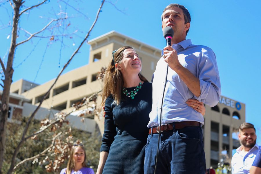 Beto O’Rourke talks about his dedication for representing El Paso alongside his wife, Amy Hoover Sanders, at San Jacinto Plaza on Saturday, March 10. 