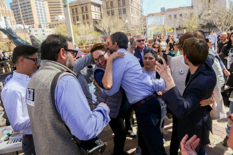 Beto O’Rourke, candidate for U.S. Senator representing Texas, hugs friends before walking on stage at his town hall at San Jacinto Plaza in downtown El Paso. 