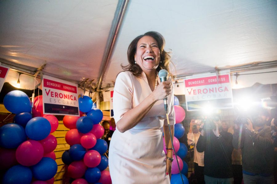 Veronica Escobar, Democratic candidate for District 16 in U.S. Congress, hugs her supporters as she arrives to her watch party at Park Tavern in downtown El Paso on Tuesday, March 6. 