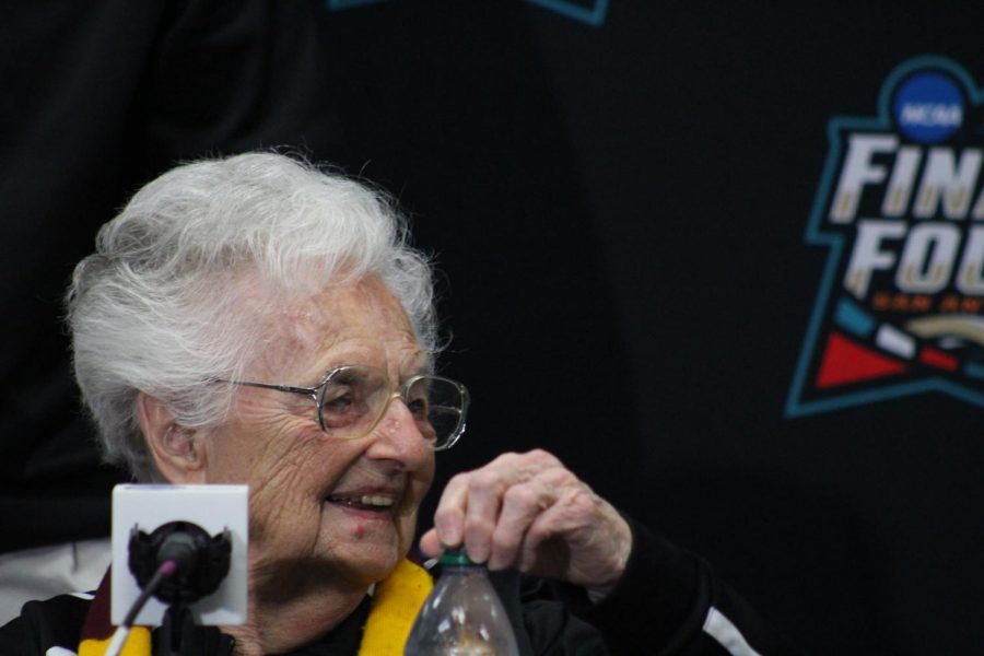 Sister Jean-Dolores Schmidt smiles during the Final Four weekend in San Antonio.