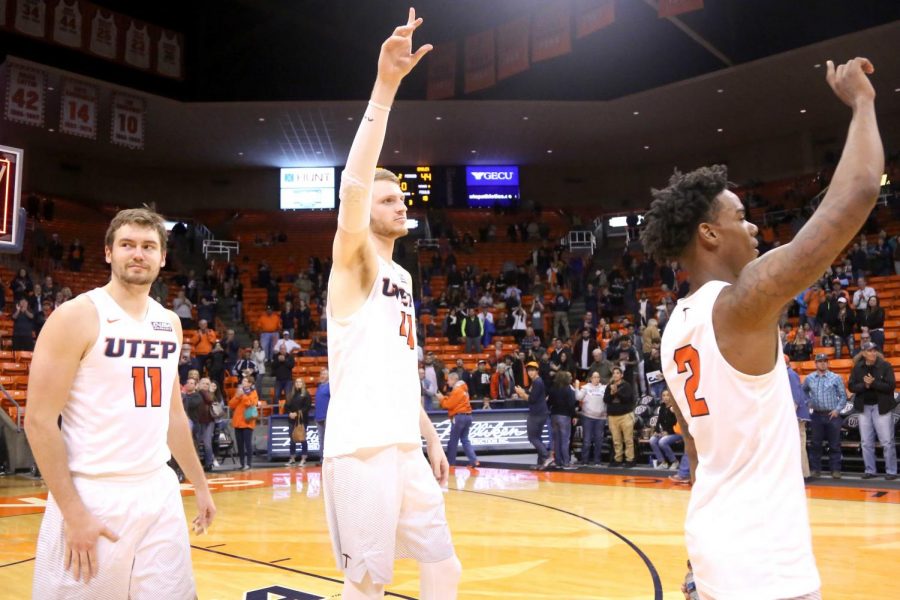 Jake Flaggert (left), Matt Willms (middle) and Omega Harris (right) won their last home game at the Don Haskins Center against Southern Mississippi, 73-44 on Feb. 24.