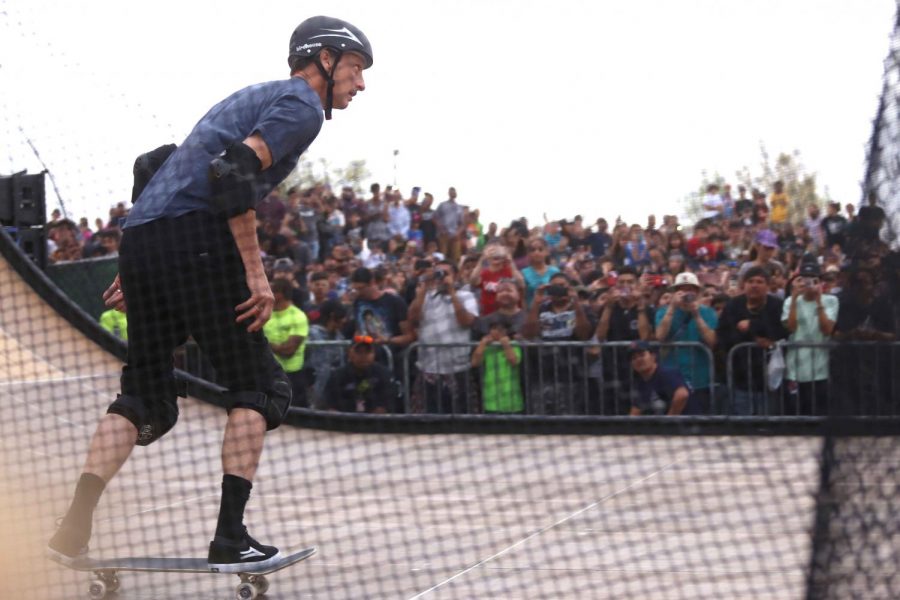 Tony Hawk skates in front of a big crowd at the Pakitu Skate Plaza on Saturday, March 24 in Socorro, TX. 