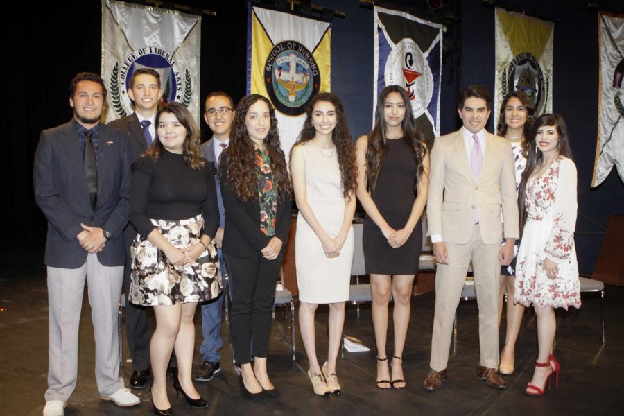 The top 10 seniors pose at the Honors Convocation on April 22 at Magoffin Auditorium including Christian Morales-Castañeda, Tyler Herrera, Paloma Martinez,  Christina Morales, Rachel Arreola, Victoria Diaz, Malvina Muñoz, Victor Hurtado, Aileen Tapia and Lana Hussein. 