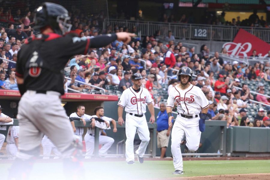 Left fielder Forrestt Allday runs to home base and scores at the last game of the series on Friday, June 15 at the Southwest University Park.