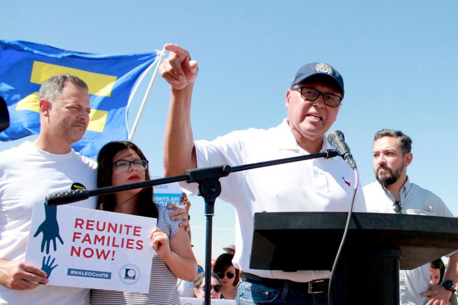 Speakers encourage protestors to register to vote at the #EndFamilyDetention rally at the Tornillo port of entry on Sunday, June 34. 