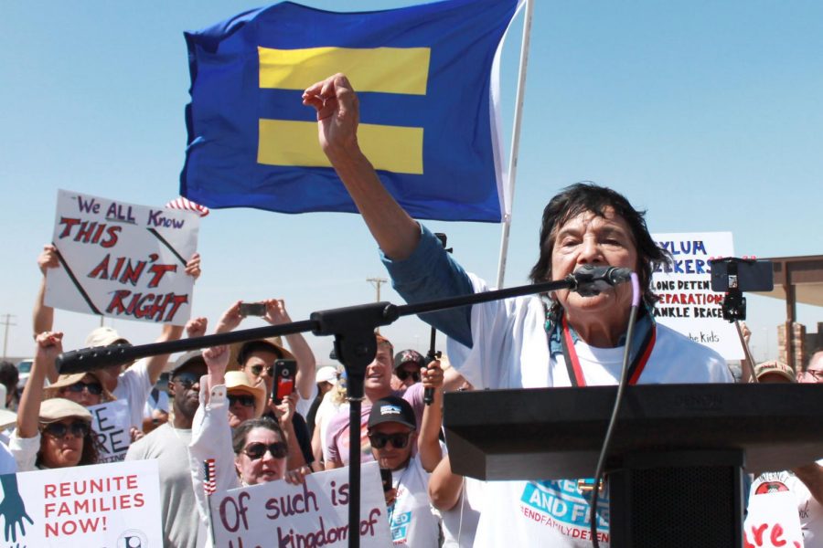 Civil rights leader Dolores Huerta speaks at the Tornillo-Guadalupe Port of Entry.