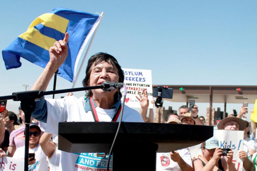 Civil rights leader Dolores Huerta speaks at the Tornillo-Guadalupe Port of Entry .