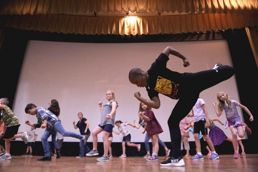 Ben Lipitz (Pumbaa) and Shacura Wade(Ensemble) taught the kids how to dance a sequence inspired by the Lion Kings musical number, He Lives in You, on Wednesday, June 6 at the Stayton Theatre. 